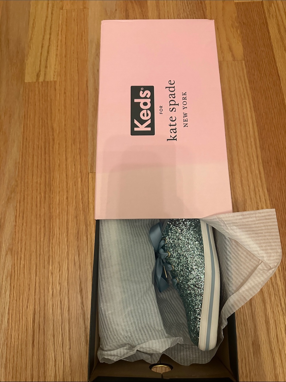 kate spade Keds Champion KS Glitter Blue Sneaker Box - Black with Gold Accents